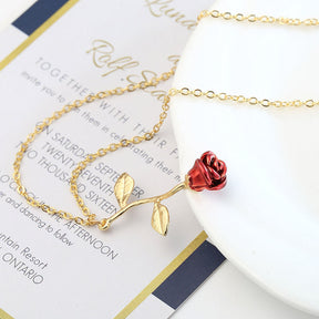 Womens Personalized Red Rose Pendant Necklace-Gold