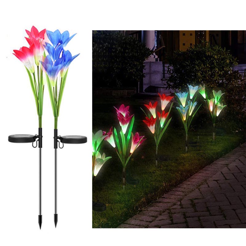 2 Pack Garden Lily Flower Light Outdoor Color Changing LED Solar Decorative Lights for Garden Patio Backyard-Red Blue)