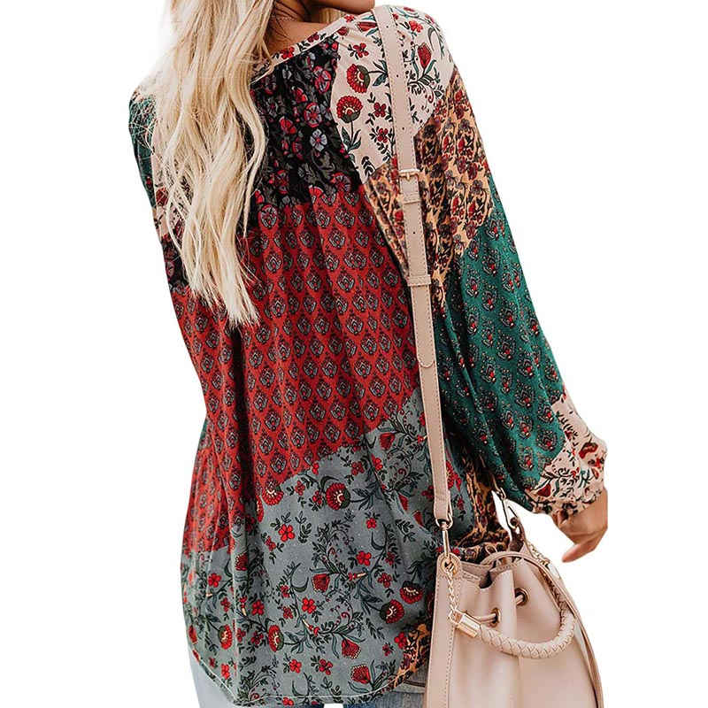 Womens V-neck Casual Boho Floral Print Long Sleeve Shirts-Gray2