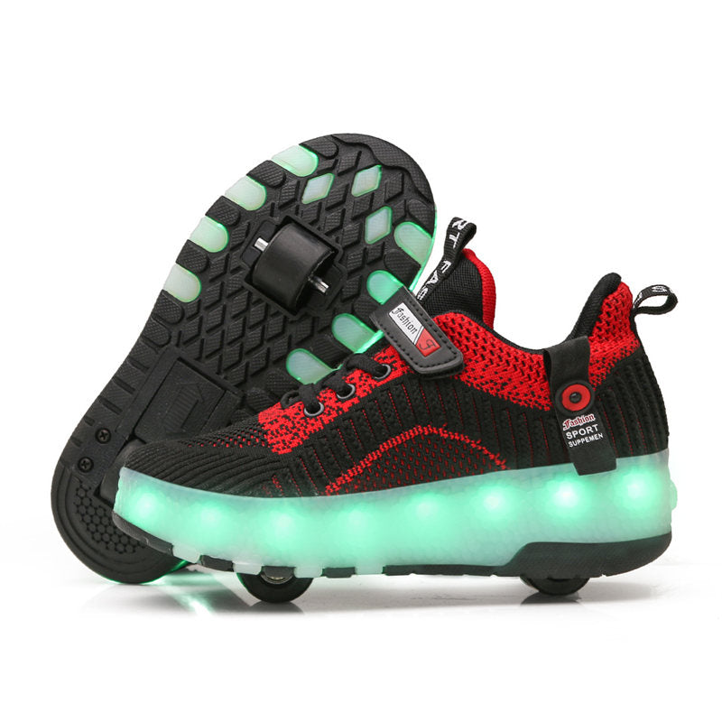 Children Double Wheels Roller Skate Shoes LED Lamp Sneakers-Black