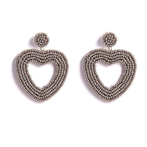 Heart Hoop Dangle Beaded Earrings-Gray