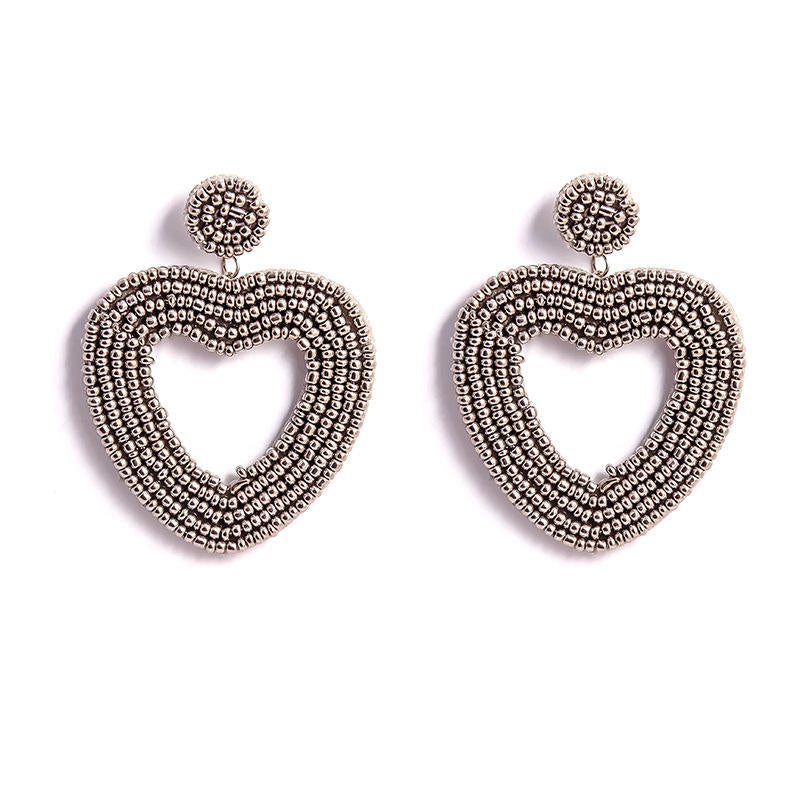 Heart Hoop Dangle Beaded Earrings-Gray