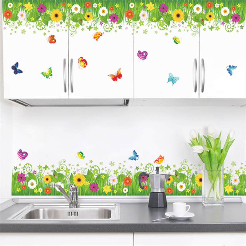 Removable Beautiful Green Sunflower Flowers Grass with Butterfly Home Art Decor Wall Stickers