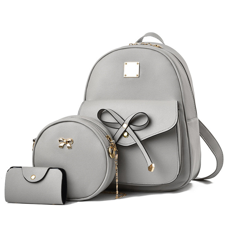 Bowknot 3-Pieces Fahsion Leather Backpack Purse Shoulder Bag for Women-Grey