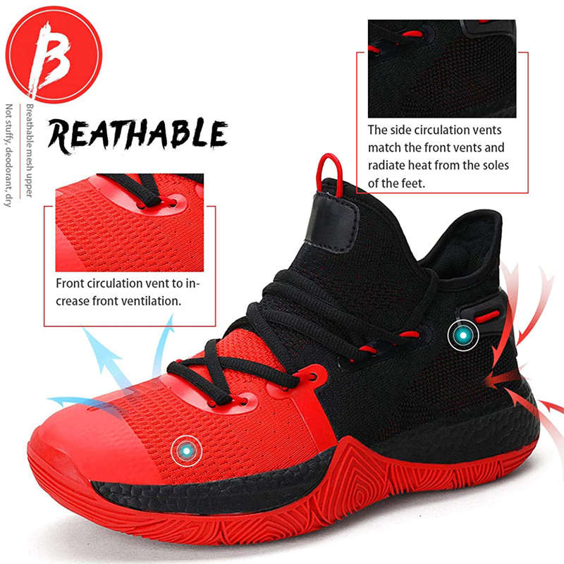 Boys Basketball Shoes Non-Slip Girls Sneakers Durable Kids Running Shoes-BlackRed
