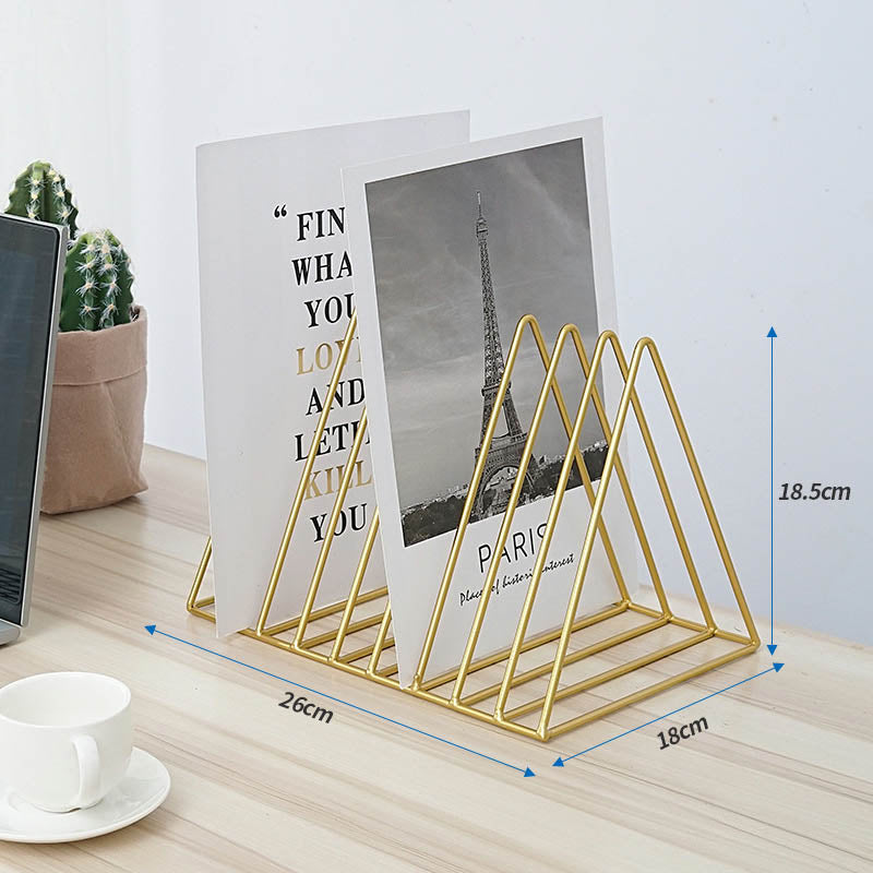 Files Folder Stand Desktop File Organizer Triangle Wire Magazine Holder Book Shelf 9 Slot File Sorter for Indoor Office Home -Gold