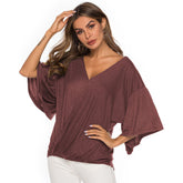 Womens Summer Ruffle Sleeve V-Neck T-Shirt Knot Tops-WineRed