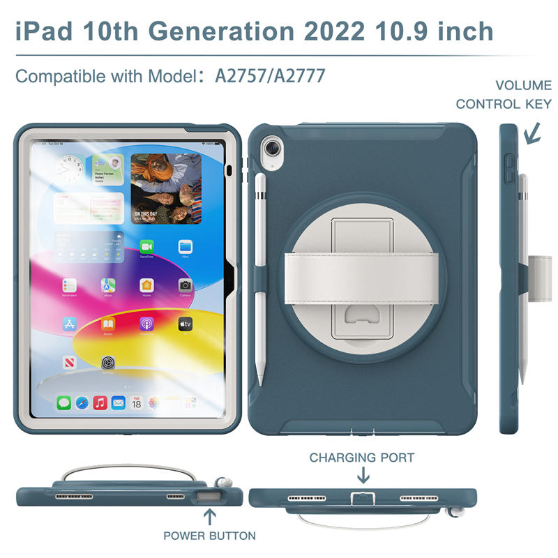 Tablet Case For iPad 10th with 360¡ã Kickstand/Hand Strap Shockproof-Blue2