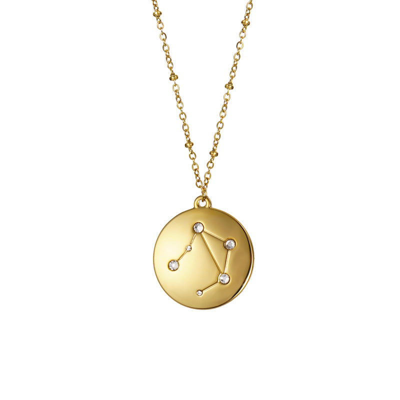 12 Constellation Coin Disc Gold Necklace Engraving Astrology Pendant-Libra