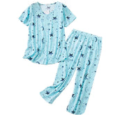 Womens Short Sleeve Casual Prints Pajama Cropped Trousers Set-Green Star