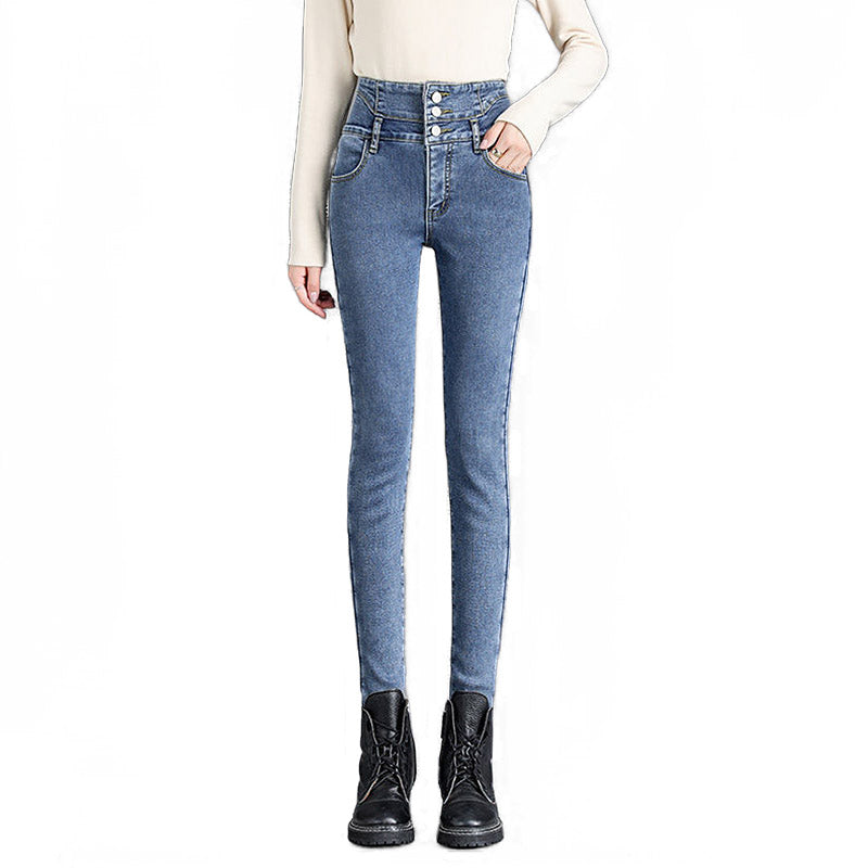 Womens Jeans Button up Stretch Slim Fit High Rise Denim Pants-Retro Blue