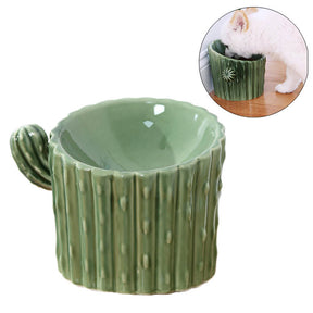 Cactus Elevated Ceramic Pet Bowls Tilted for Cats and Small Dogs Single Branch-Green