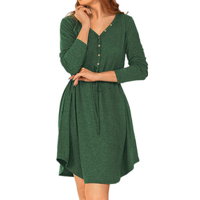 Ladies Casual V Neck Button Long Sleeve Tunic Dress-Green