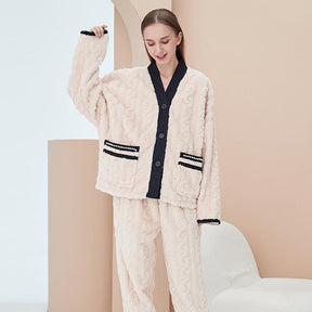 Women's Fleece Fashion Cardigan Pajama Set-Beige