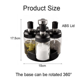 Revolving 4-Jar Seasoning Organizer Rack Built-in Spoon Moisture-Proof-ABS Lid