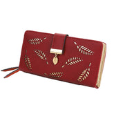 Womens Long Leaf Bifold Wallet Leather Zipper Buckle Elegant Clutch-Brown