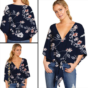 Boho Womens Blouse V Neck Tie Knot 3/4 Sleeve Summer Casual Tops-Navy Blue