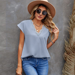 Womens Lace V Neck Blouse Solid Color Summer Lightweight Casual Chiffon Shirt-Light Blue