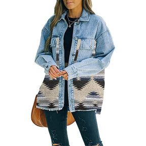 Aztec Denim Jacket for Women Distressed Lapel Long Sleeve Coat-Blue