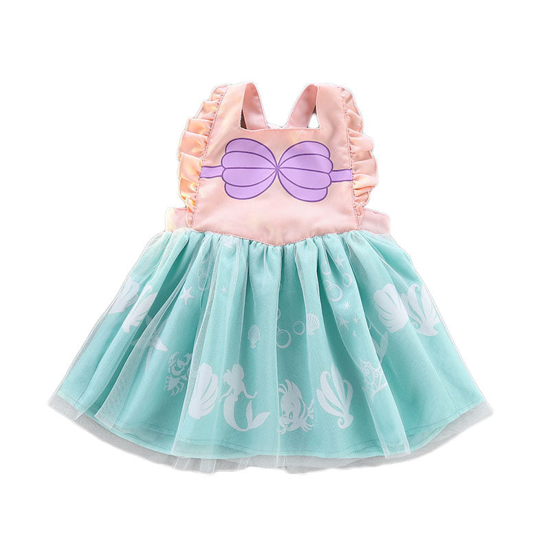 Girls Princess Apron Strap Dress Backless Smock-Mermaid