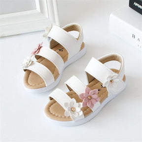 Girls Fashion Flower Sandals Flat Open Toe Shoes for Summer-White