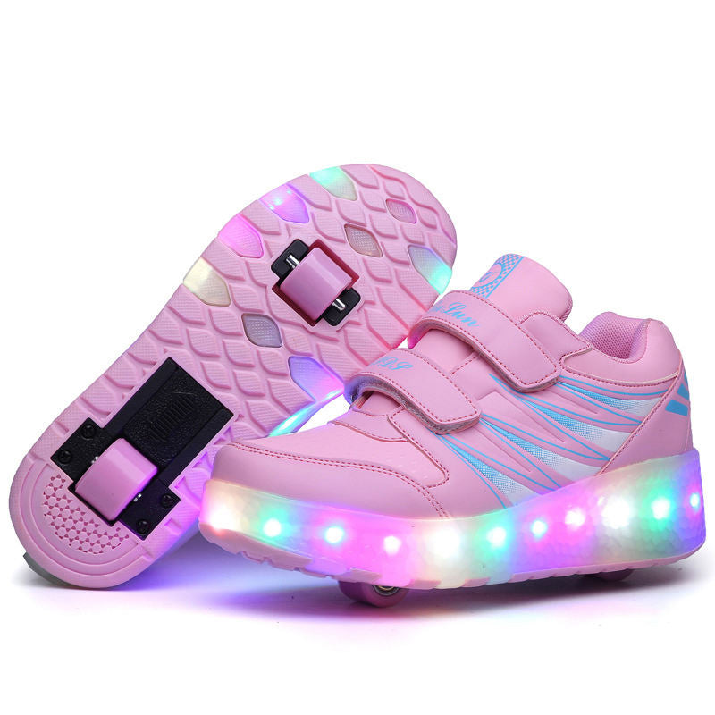 Kids Fashion Roller Shoes with Double Wheel USB Charging-Pink