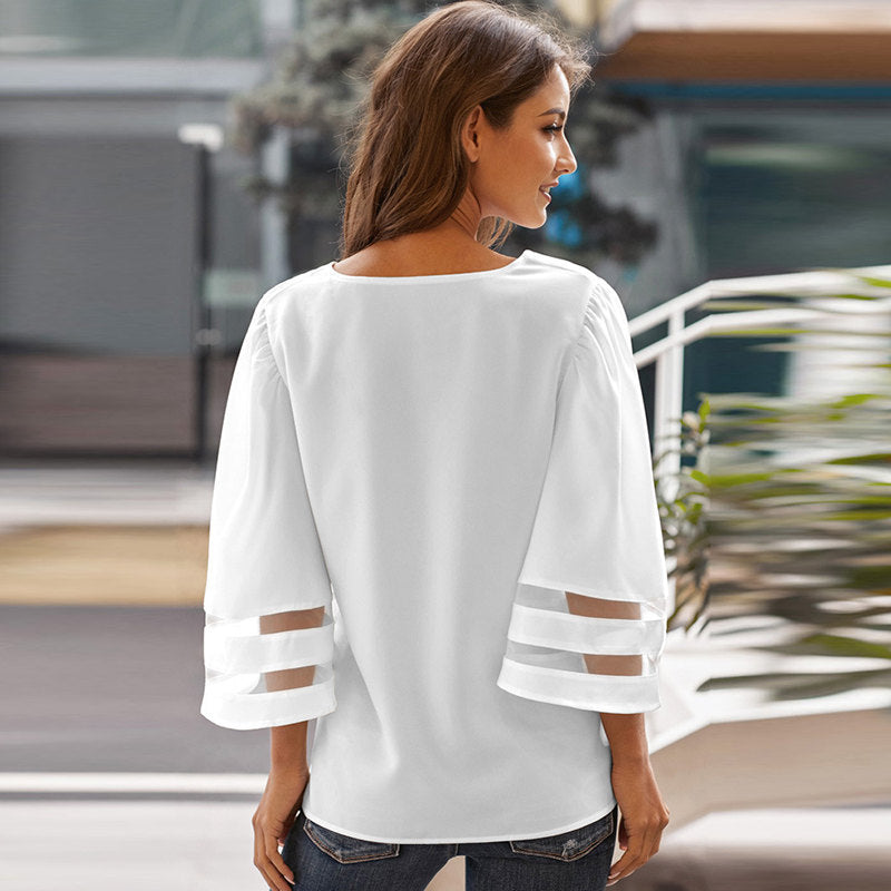 Womens V Neck 3/4 Sleeve Blouse Mesh Panel Shirt Solid Flowy Loose Top-White