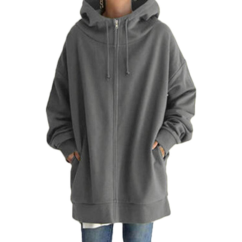 Womens Long Fleece Sweatshirt Simple Full Zip Hoodies-Gray