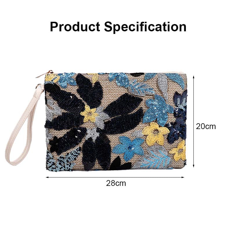 Women Clutches Embroidery Sequins Design Straw Bag for Vacation-Navy Blue