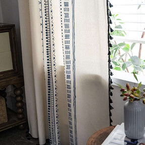 2 Panels Cotton Linen Semi Blackout Grommet Curtains with Tassels-3NavyBlue