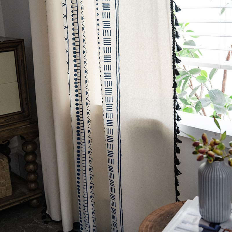 2 Panels Cotton Linen Semi Blackout Grommet Curtains with Tassels-3NavyBlue