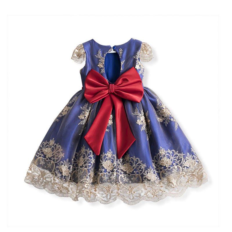 Girl Flower Lace Printed Cotton Elegant Tulle Bow Belt Princess Dress-02Blue
