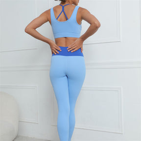 Womens Color Block Hip Lift Fitness Suit Sports Underwear and Yoga Trousers-Blue