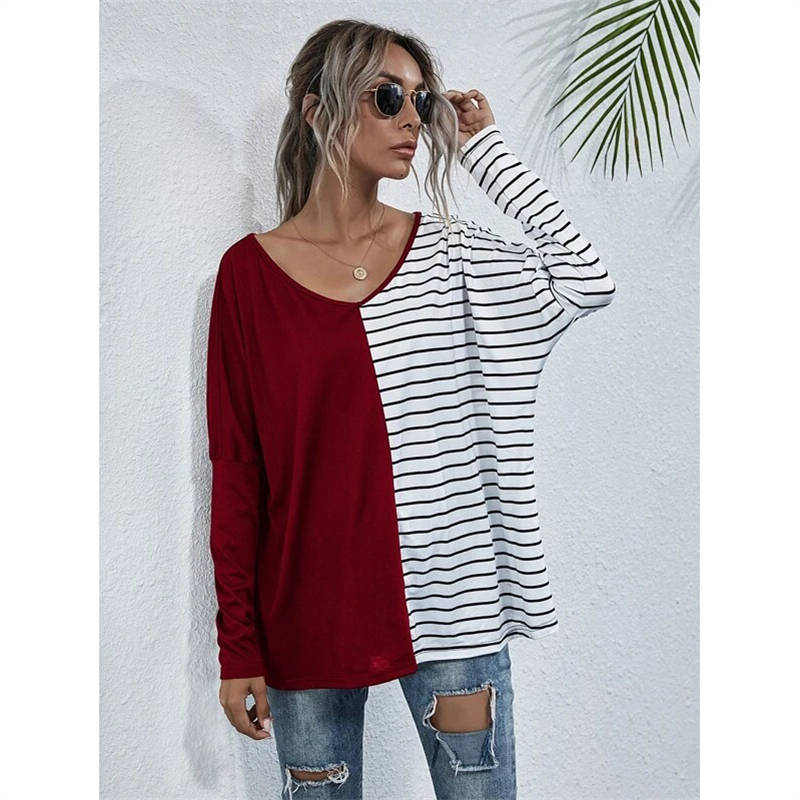 Womens Striped V-Neck Long Sleeve Tops-Red