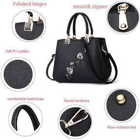 Embroidered Women Top Handle Satchel Fashion Shoulder Bags-Black