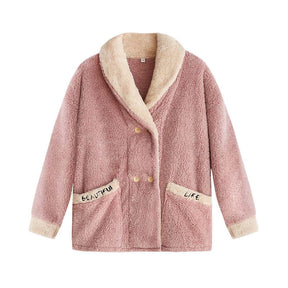 Womens Plush Pajamas Cardigan Set Loungewear-Pink