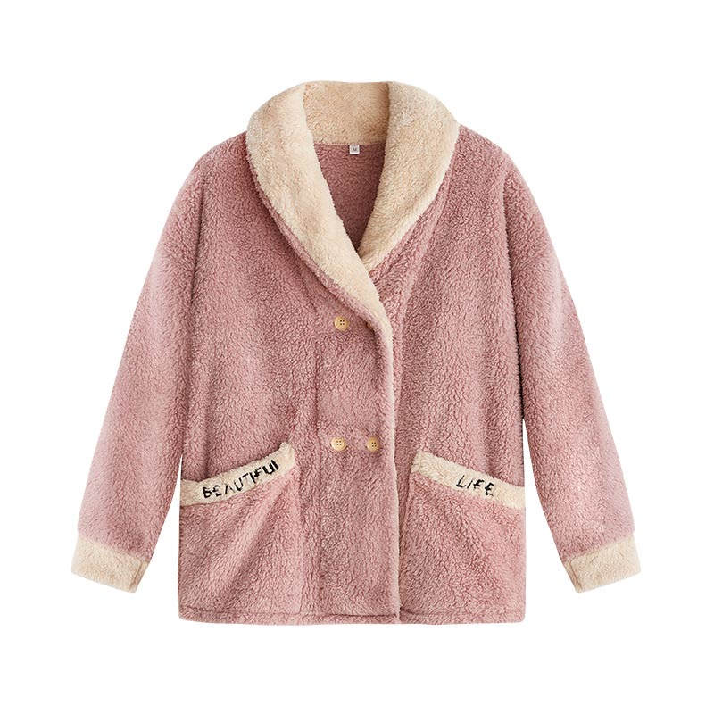 Womens Plush Pajamas Cardigan Set Loungewear-Pink