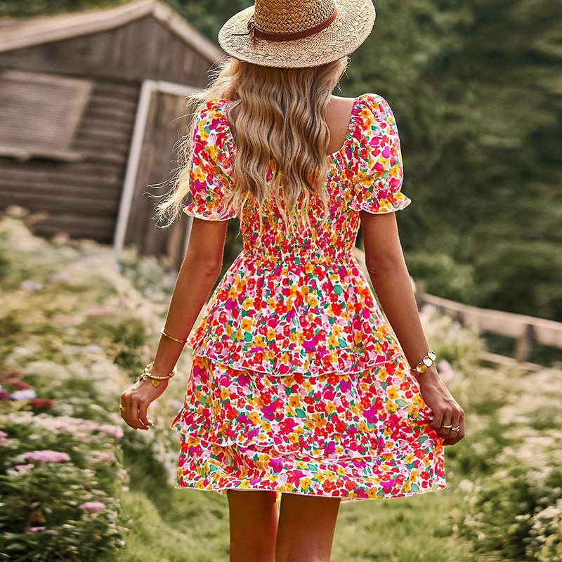 Womens Summer Dress High Waist Floral Smocked Tiered Dresses-Pink
