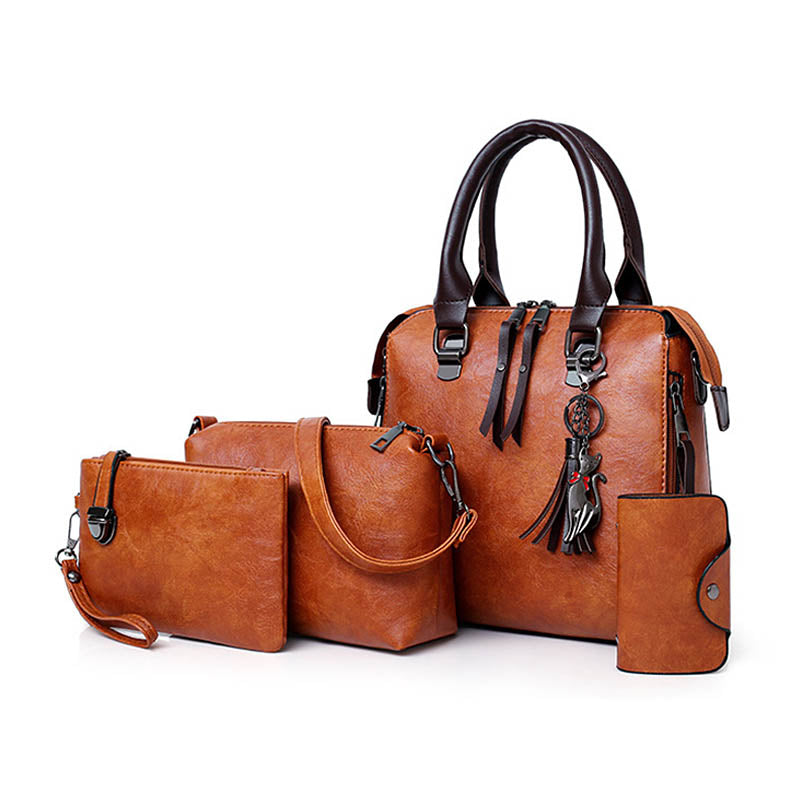 4pcs Women Fashion Handbags Purse Vintage Shoulder Bag-Brown