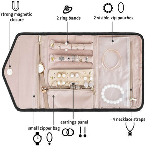 Travel Jewelry Organizer Roll Foldable Jewelry Case for Rings Necklaces - Black
