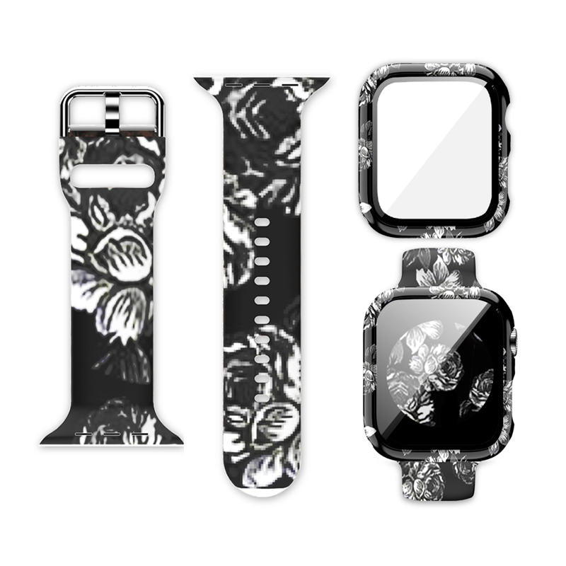 Silicone Printed Watch Band with Screen Protector Case for iWatch Series SE/6/5/4/3/2/1-BlackRose