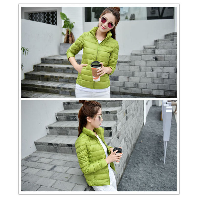 Lookbook Womens Lightweight Puffer Jacket Winter Stand Collar Short Coat-Green