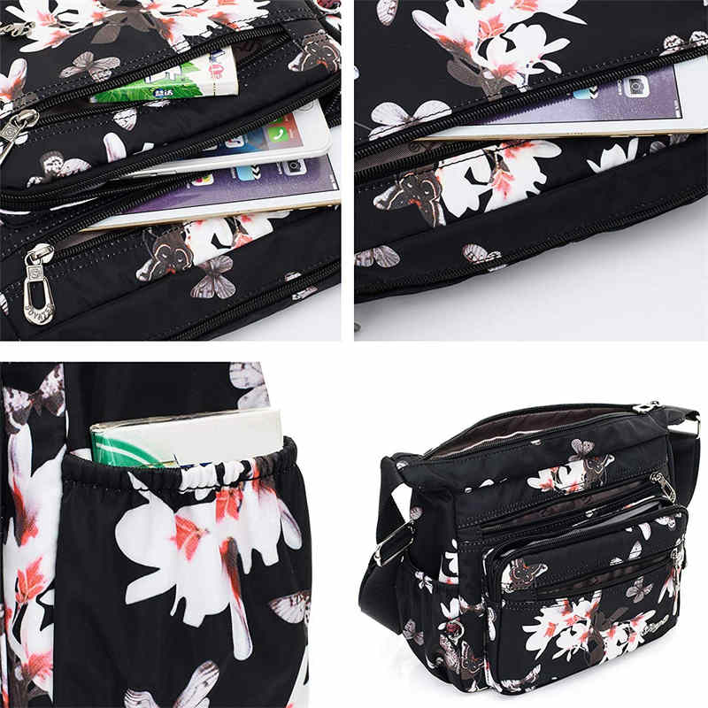 Women Nylon Floral Crossbody Bag Multi Pocket Shoulder Bag-Magnolia