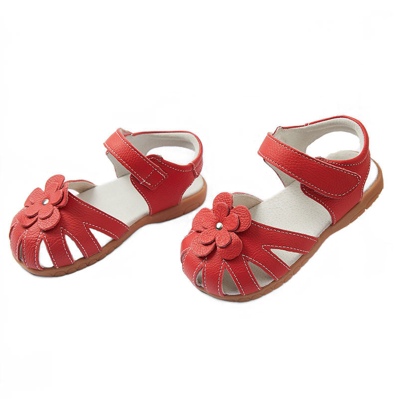 Flat Sandals for Toddler Girls Closed-Toe with Flower Summer Shoes-Red