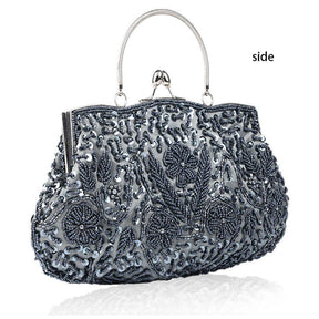 Beaded Sequin Design Flower Evening Purse Large Clutch Bag-Grey