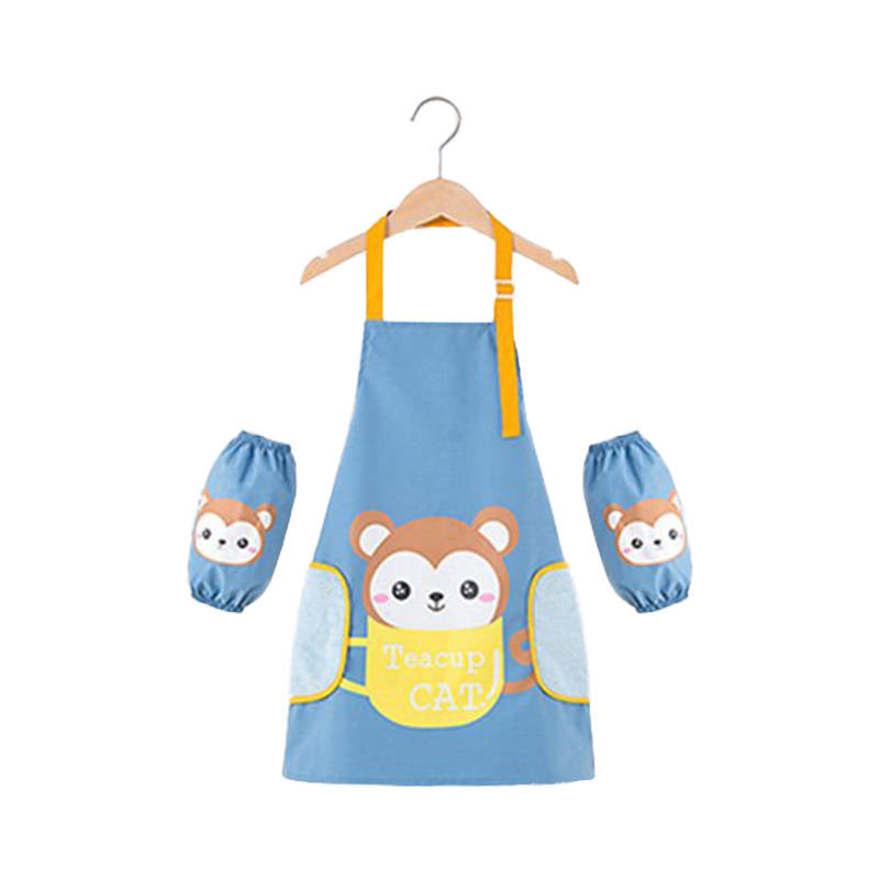 Kids Adjustable Kitchen Apron with Sleeve Covers for Cooking Painting-Sky Blue Monkey