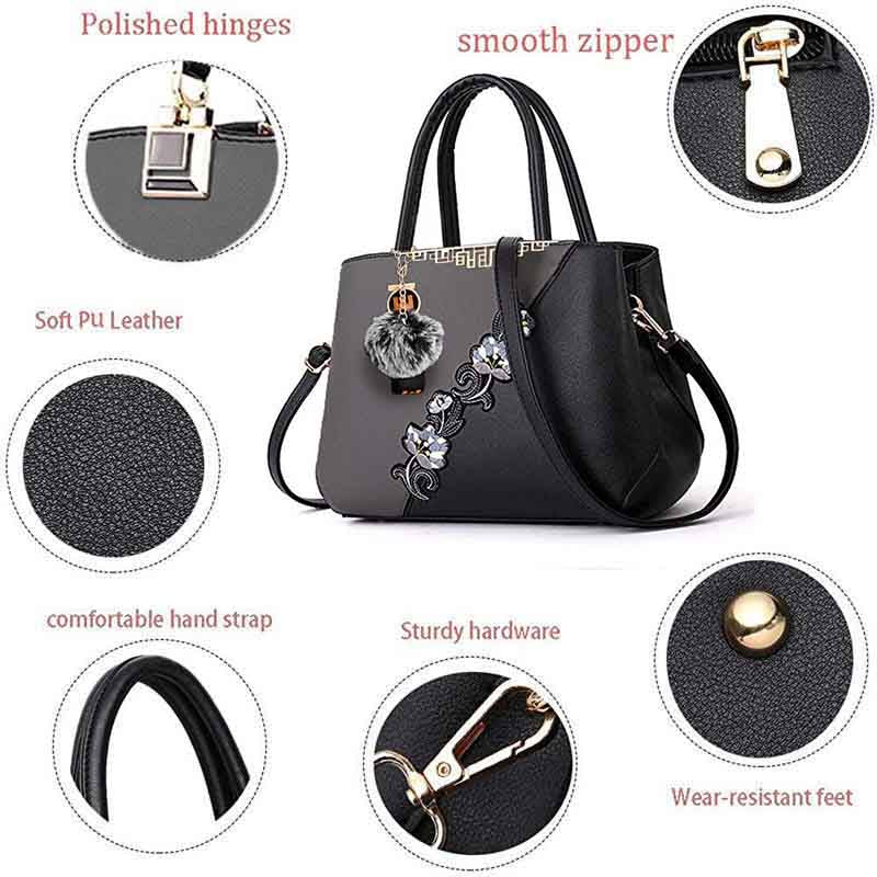 Embroidered Women Top Handle Satchel Fashion Shoulder Bags with Hairball-Grey