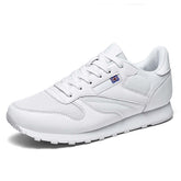 Couples Leather and Mesh Sneakers Lace up Lightweight Cushioned Sport Shoes-White