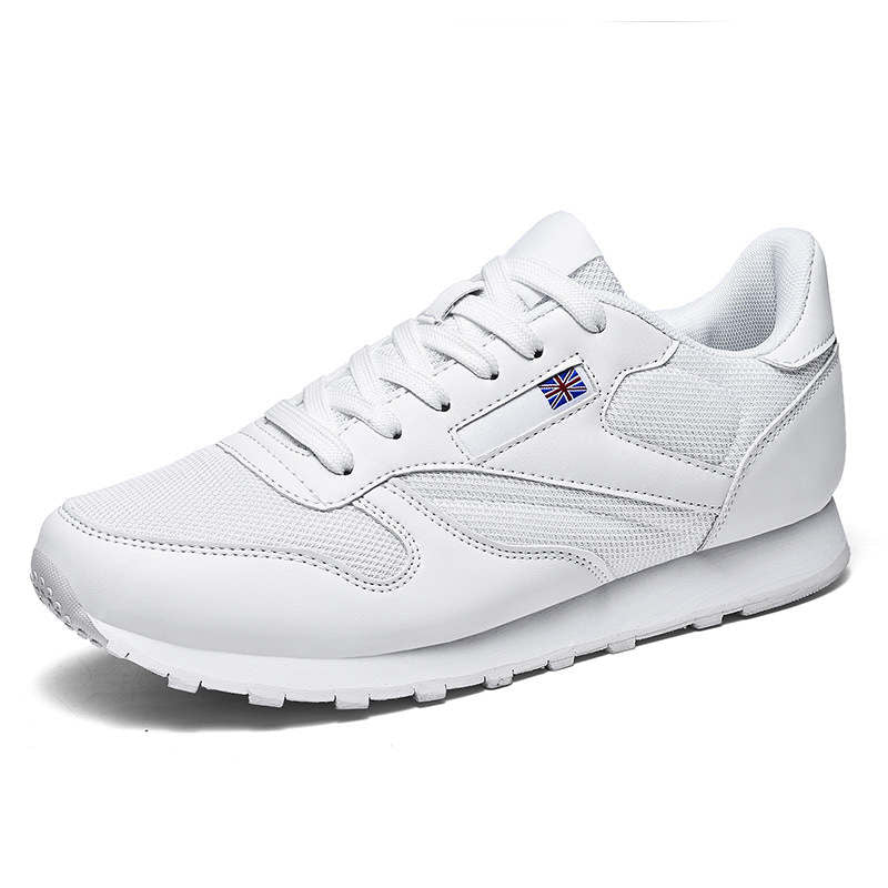 Couples Leather and Mesh Sneakers Lace up Lightweight Cushioned Sport Shoes-White