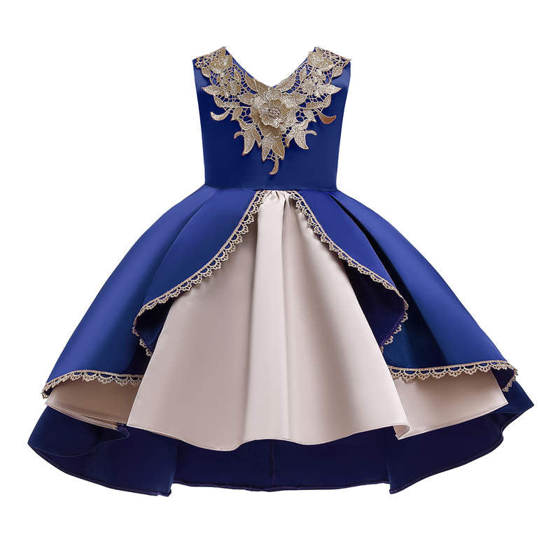 2-9 Years Flower Girls Dress Wedding Party Embroidered Dress-DarkBlueGold